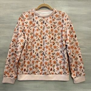 Emery‎ Rose Peach Floral Leaf Print Crew Neck Pullover Sweatshirt Medium GC